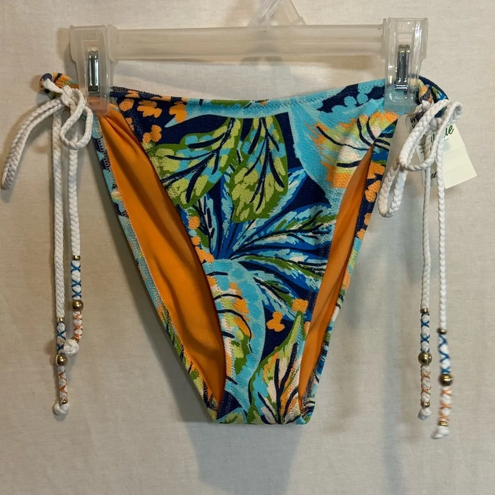 AA-186 Aerie NWT Cheekiest Side Tie Blue & Orange Floral‎ Bikini Bottoms Size L